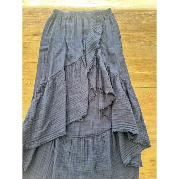 Stark Dresses & Skirts - Stark X Navy Gauze Cotton Raw Pull On High Low Ruffle Midi Skirt